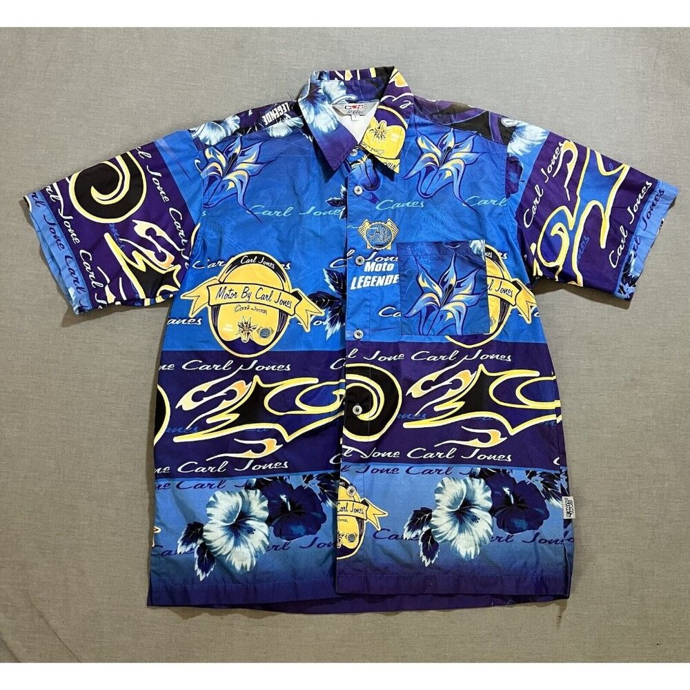 Carl Jones Button Up Shirt Mens Large Blue All Over Hawaiian Short Sleeve.